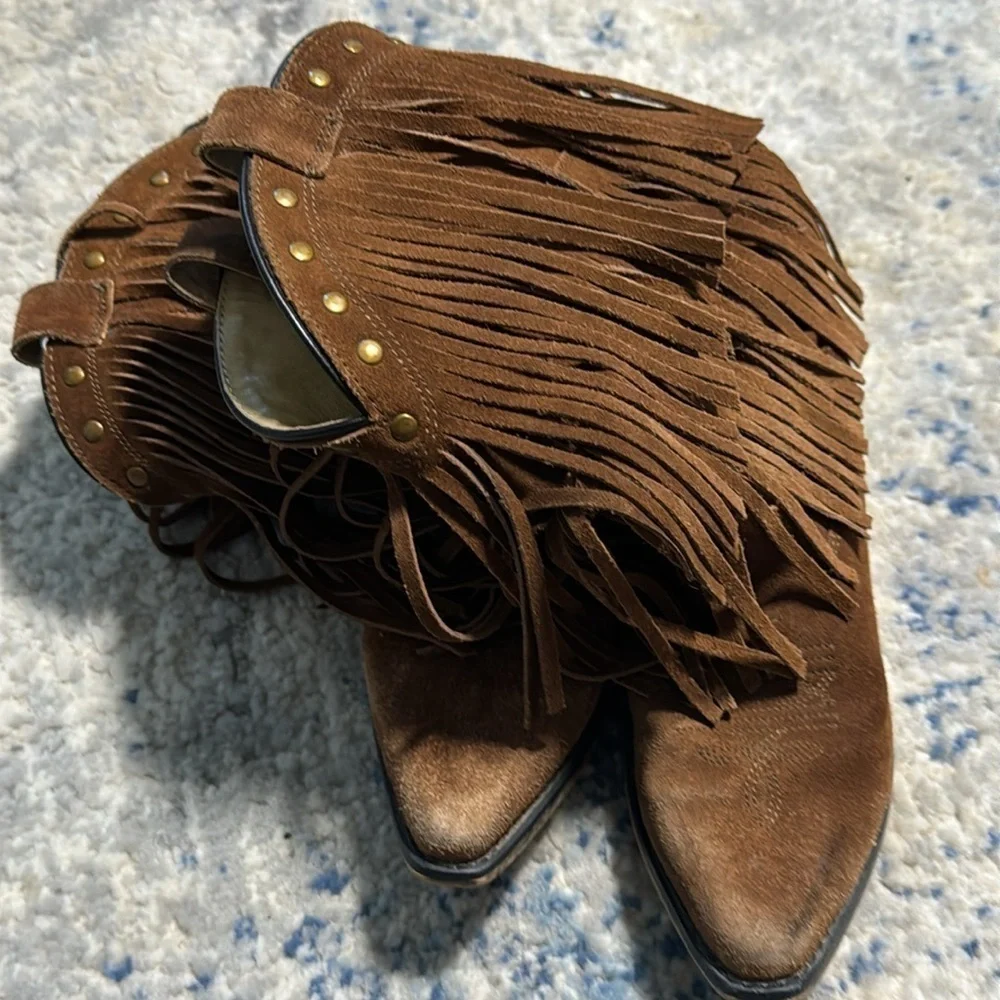 Smokey Mountain Boots brown suede fringe‎ beads leather lining Western Sz 3.5